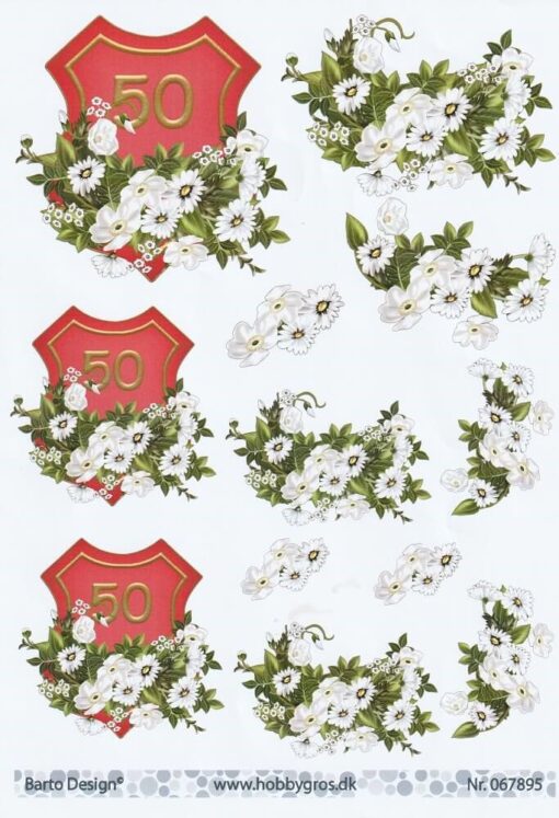 3D ark med 50 år emblem og hvide blomster Barto Design 067895