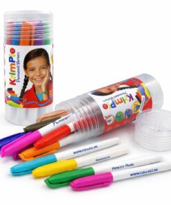 Krimpie permanent marker sæt med 12 farver fra Collall i plastbeholder med løse tuscher på hvid baggrund