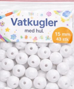 Close-up af hvide vatkugler med hul 15 mm 43 stk i pakke til hobby og DIY projekter