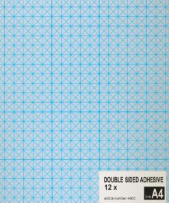 A4 dobbeltklæbende tape ark med blå ternet bagside og produktetiket.
