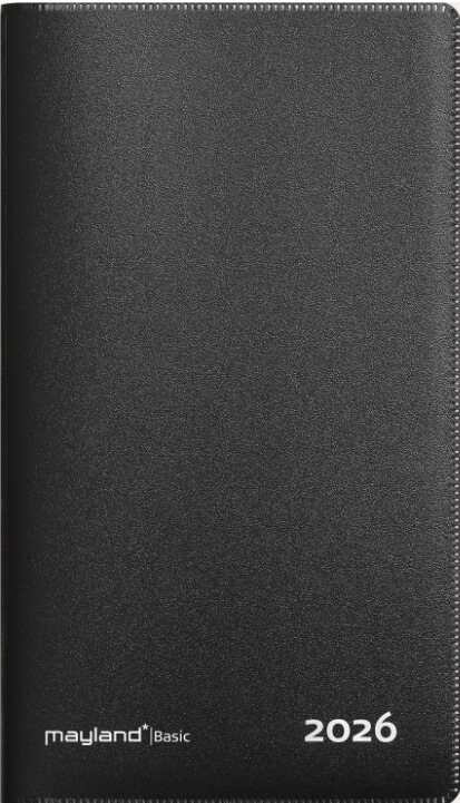 Sort Mayland Basic månedskalender 2026 med PP-plastforside og åbent månedsopslag med timeinddeling, dagsnummerering og notefelt.