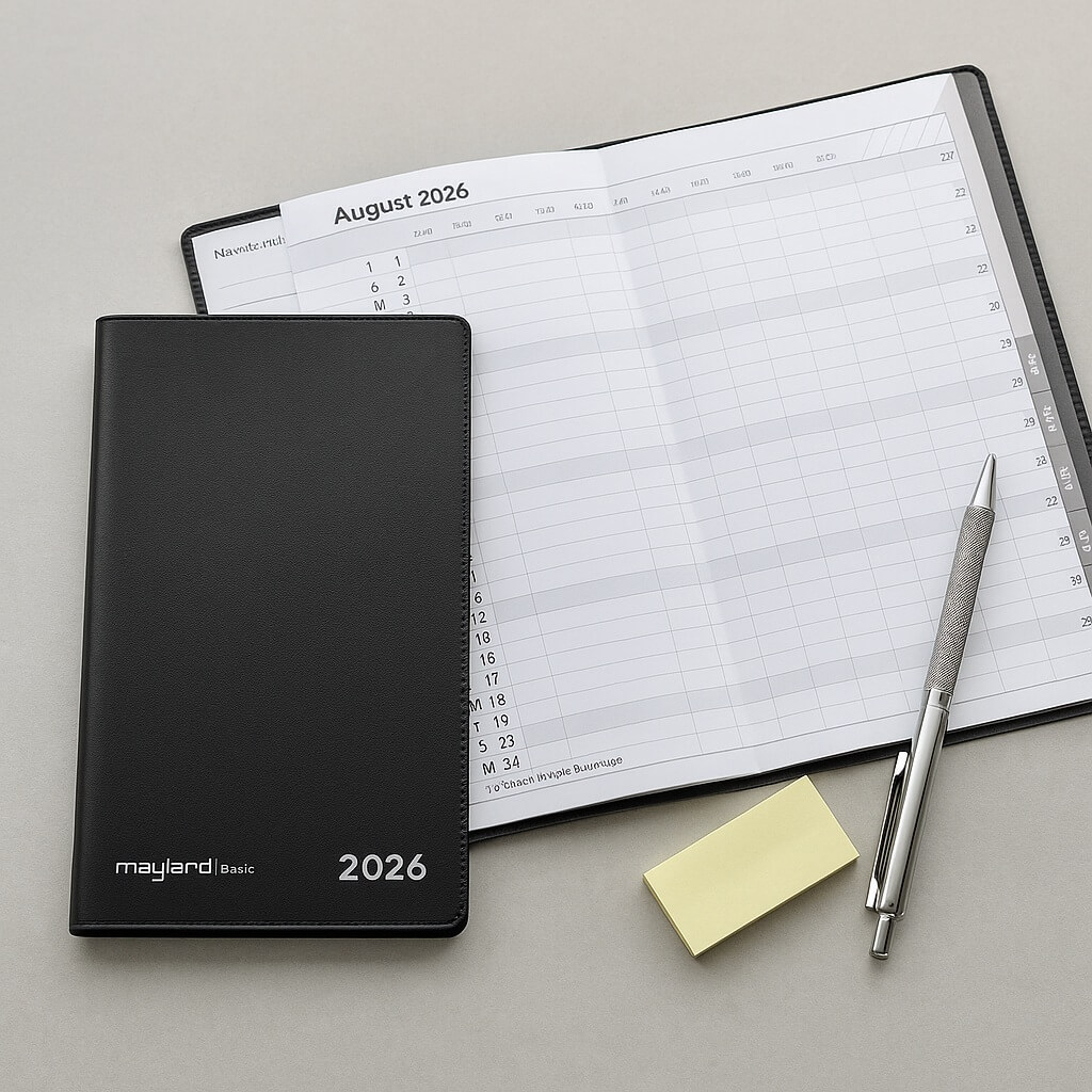 Sort Mayland Basic månedskalender 2026 med PP-plastforside og åbent månedsopslag med timeinddeling, dagsnummerering og notefelt.
