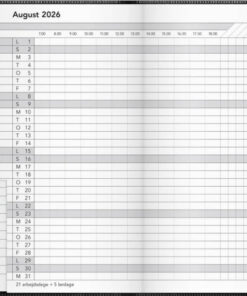 Sort Mayland Basic månedskalender 2026 med PP-plastforside og åbent månedsopslag med timeinddeling, dagsnummerering og notefelt.