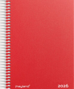 Mayland dagkalender 2026 i rød PP-plast med spiralbinding og dag-pr-side layout.