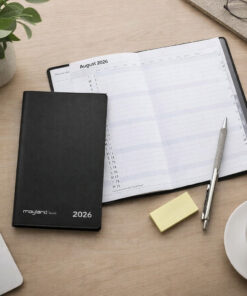 Mayland Basic månedskalender 2026 i sort omslag ved siden af åben kalender, pen og notesblok på skrivebord