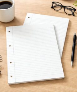 A4 linjeret papirblok i brug på skrivebord med pen, kaffe og kontorartikler