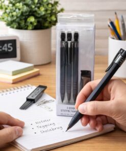 Danpen stiftblyant 0,5 mm i brug til notetagning på skrivebord med skole- og kontorartikler