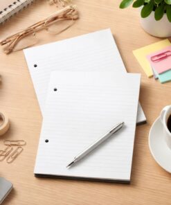 Papirblok A5 linjeret med huller i brug på skrivebord til noter og planlægning