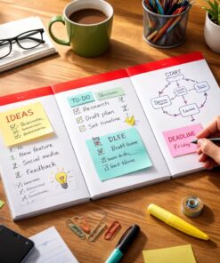 3-delt papir telefonblok i brug på skrivebord med noter, to-do lister og deadlines skrevet i felterne