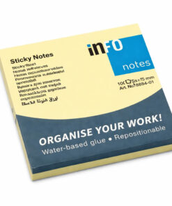 Gule sticky notes 75x75 mm med 100 blade i original emballage på hvid baggrund