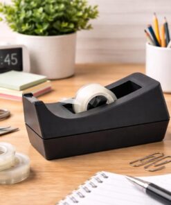 Sort tapedispenser til bord i brug på skrivebord med kontorartikler