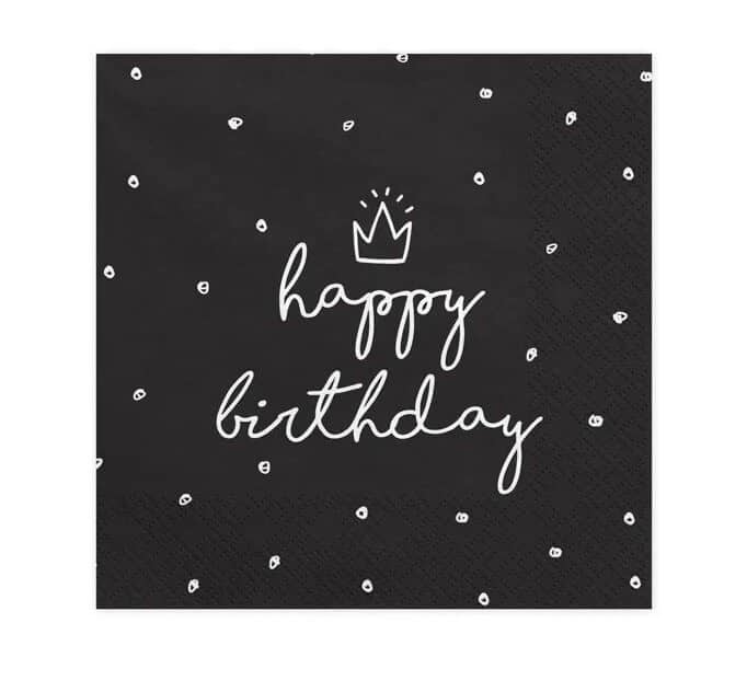 Servietter sort med Happy Birthday 3-lags 33x33cm 20stk