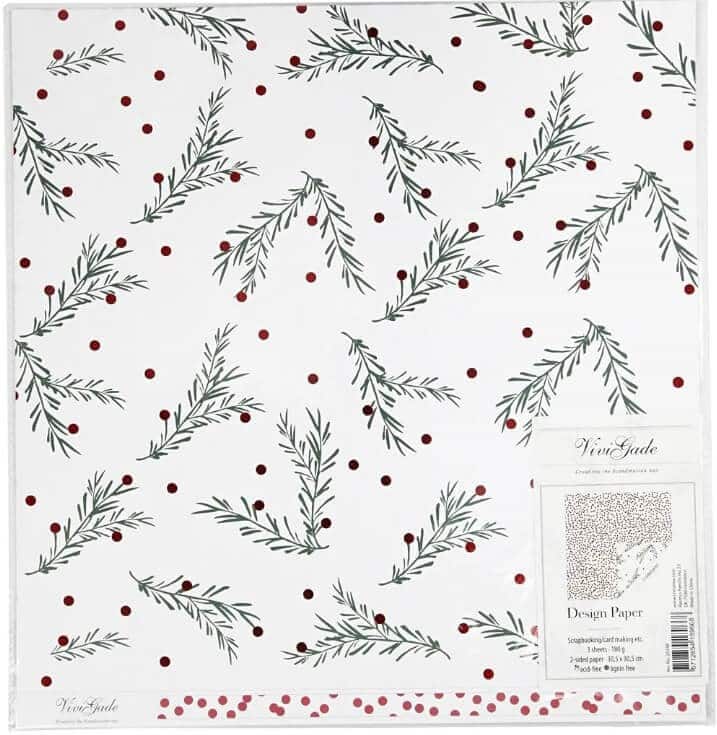 Designpapir med grangrene og prikker, 3 ark, 30,5x30,5 cm, 180 g