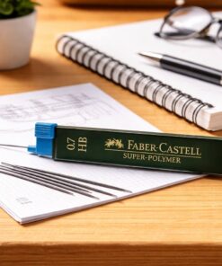 Faber-Castell Super-Polymer 0,7 HB stiftminer i brug til skrivning i notesbog på skrivebord