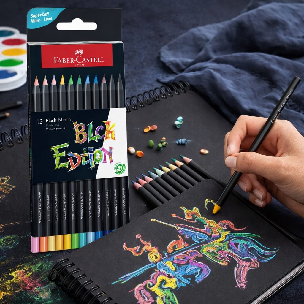 Faber-Castell Black Edition farveblyanter i brug på sort papir med synlig emballage og intense farver