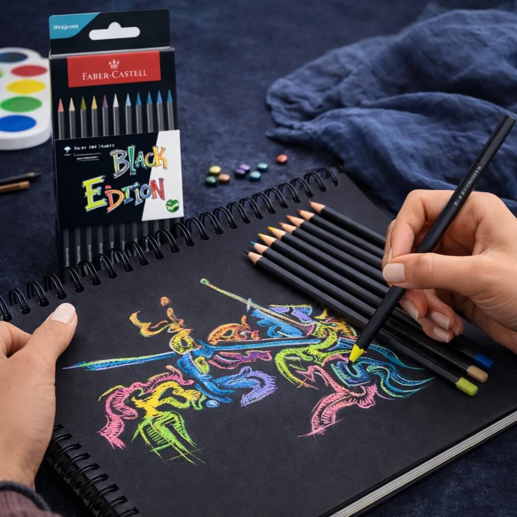 Faber-Castell Black Edition farveblyanter i brug på sort papir med intense og klare farver