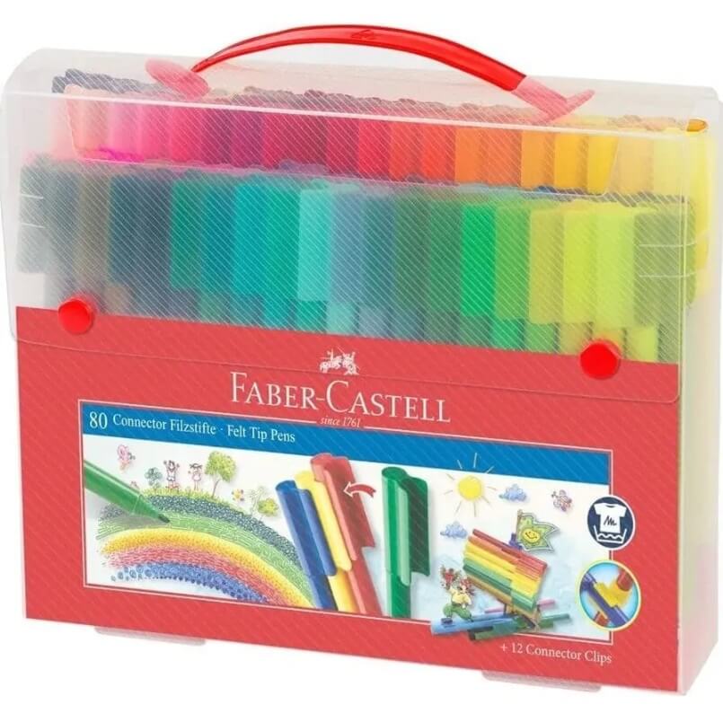 Faber-Castell Connector tusser 80 stk i gennemsigtig opbevaringsæske med bærehåndtag.