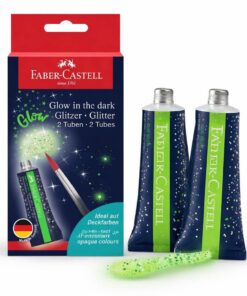 Faber-Castell Glow in the Dark Glitter med 2 tuber selvlysende glitterlim vist sammen med original emballage