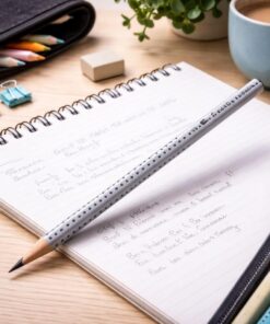 Faber-Castell Grip 2001 blyant B i sølv liggende på notesbog med håndskrevne noter