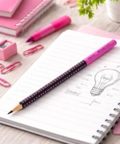 Faber-Castell Grip 2001 blyant i sort og pink på notesbog med kreativt skrivebordsmiljø