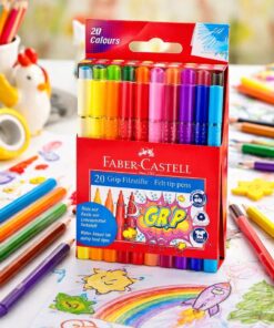 Faber-Castell Grip tusser 20 stk i brug hvor et barn tegner med farverige ergonomiske tusser