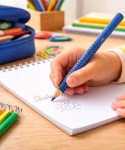 Barn skriver i kladdehæfte med Faber-Castell Jumbo Grip blyant i blå med ergonomisk greb