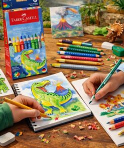 Børn tegner dinosaurer med Faber-Castell Jumbo Grip farveblyanter med dinosaurmotiv og metallic farver