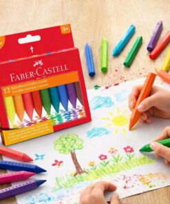 Børn tegner med Faber-Castell Jumbo Grip farvekridt i klare farver på papir