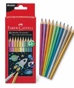 Faber-Castell metallic farveblyanter i sæt med 10 stk. vist med emballage og metalliske farver