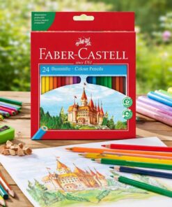 Faber-Castell Slot farveblyanter i brug på træbord med farvelagt tegning, farveblyanter og original æske i baggrunden