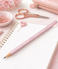 Faber-Castell Sparkle blyant i rose metallic med glitter placeret på notesbog i lyserødt skriveunivers