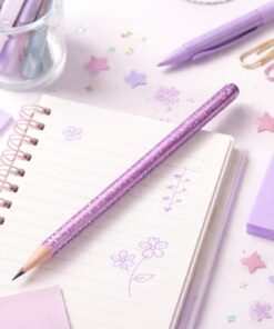 Faber-Castell Sparkle blyant i violet metallic med glitter på notesbog i kreativt skrive-miljø