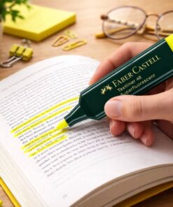 Hånd der bruger Faber-Castell Textliner 48 gul overstregningstusch til at markere tekst i en bog på skrivebord