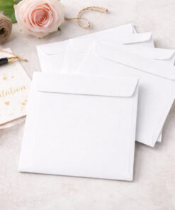 Hvide kvadratiske kuverter 165x165 mm i 110g papir arrangeret med bryllupsinvitation, rose og pen i stemningsfuldt miljø