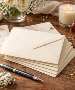 Stak af elfenbensfarvede C7 kuverter i 110 g papir fra Papperix vist i stemningsfuldt skrivebordsmiljø