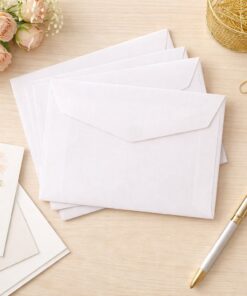 Hvide C6 kuverter i 110g papir fra Papperix vist som stemningsbillede på skrivebord