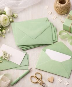 Lysegrønne C7 kuverter i 110g papir brugt til invitationer og kort, vist i stemningsmiljø med blomster og kreativt skrivebord.