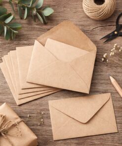 Naturfarvede C7 kuverter i 110 g papir arrangeret i flatlay med kreative materialer på træbord.