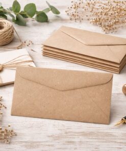 Natur E65 kuverter 220x110 mm i 110g kraftpapir fra Papperix placeret på træbord med gaveindpakning og skrivepen