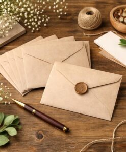 Naturfarvede C6 kuverter med vokssegl og pen på træbord