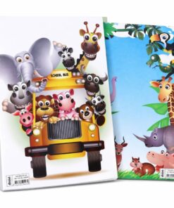 Tegneblok A4 med kraftigt og glat tegnepapir samt farverigt skolebus- og junglemotiv på forside.