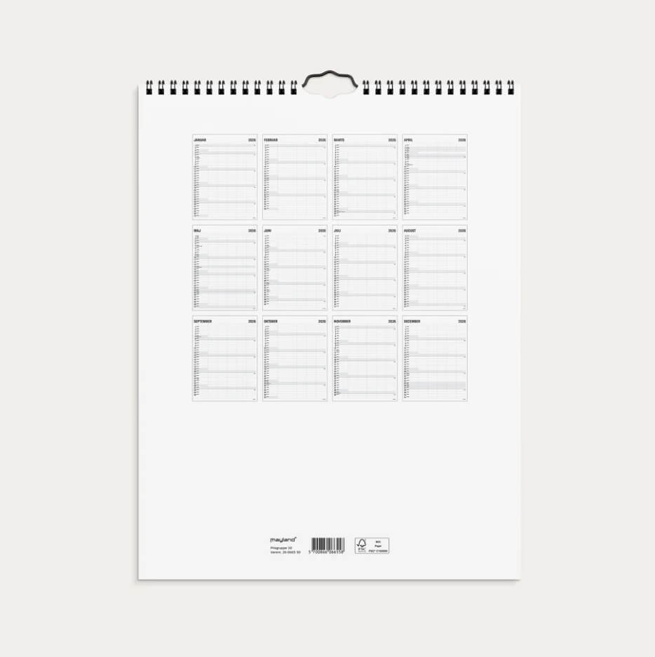 Familiekalender Black and White 2026 med fem kolonner og minimalistisk sort/hvidt design, måned pr. side.