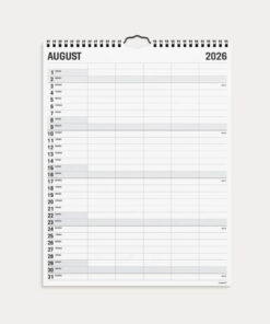 Familiekalender Black and White 2026 med fem kolonner og minimalistisk sort/hvidt design, måned pr. side.