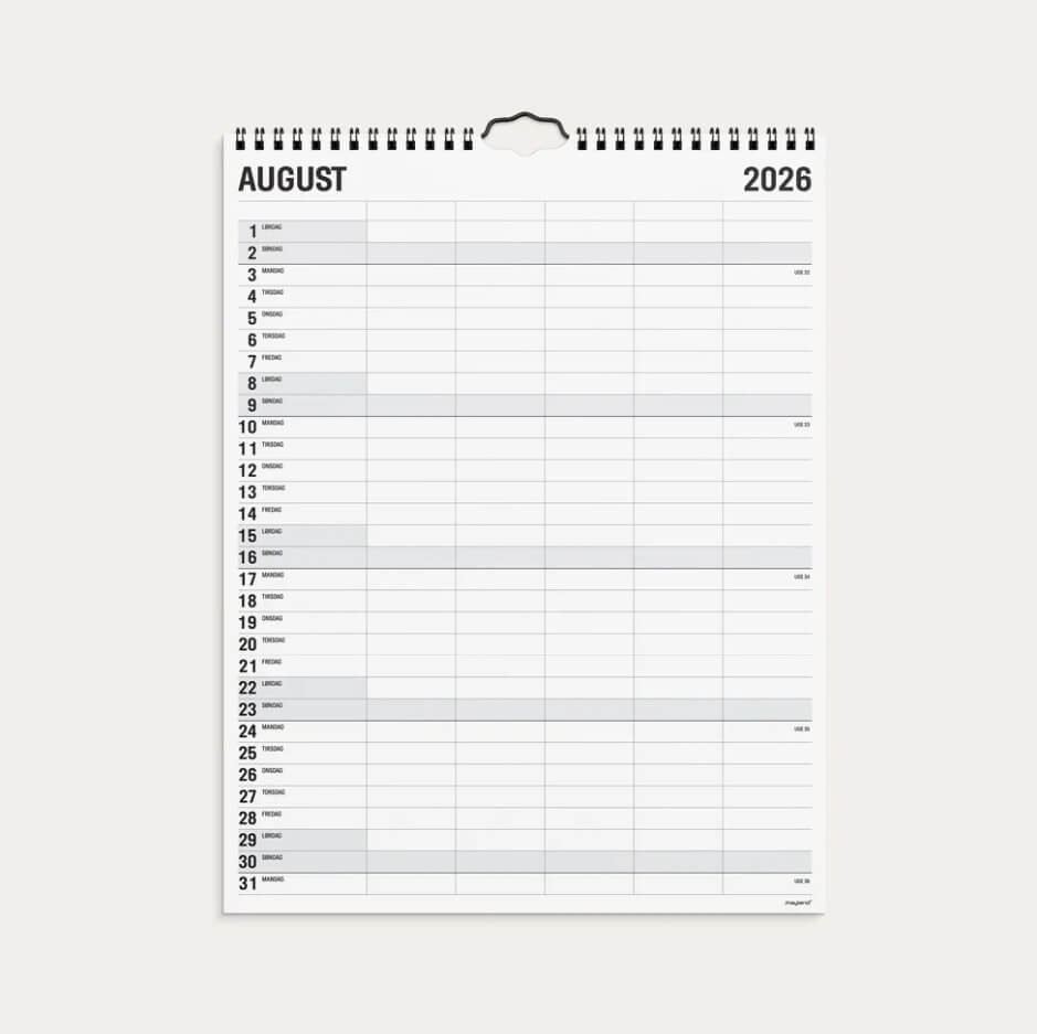 Familiekalender Black and White 2026 med fem kolonner og minimalistisk sort/hvidt design, måned pr. side.