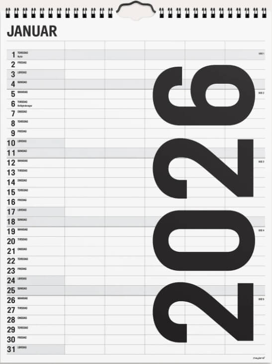 Familiekalender Black and White 2026 med fem kolonner og minimalistisk sort/hvidt design, måned pr. side.