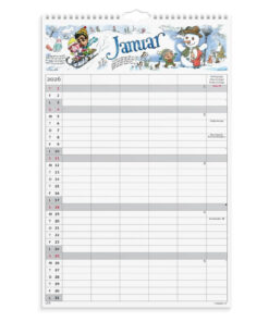 Forside af Familiekalender 2026 med farverige illustrationer af Otto Dickmeiss, rim af Lilja Scherfig og oversigt over kalenderens funktioner.