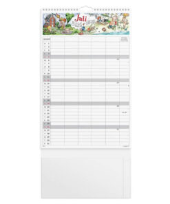 Forside af Familiekalender 2026 med farverige illustrationer af Otto Dickmeiss, rim af Lilja Scherfig og oversigt over kalenderens funktioner.