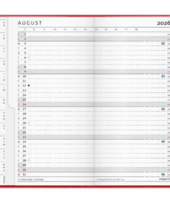 Mayland Index Planner 2026 månedskalender med rødt vinylomslag og hvidt Mayland-logo.