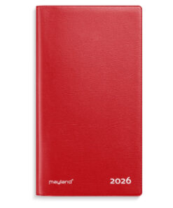 Mayland Index Planner 2026 månedskalender med rødt vinylomslag og hvidt Mayland-logo.
