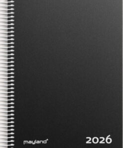Mayland Timekalender 2026 med sort PP-plast omslag og spiralindbinding, vist både på forsiden og som åbent opslag med timeopdelt dagslayout